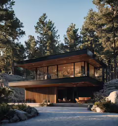 the house is surrounded by pine trees and rocky terrain