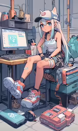 an anime girl sitting on a bench with lots of suitcases and luggage
