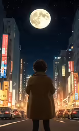 a man standing in front of the street looking up at the moon