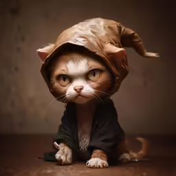 a cat is wearing a bag on his head