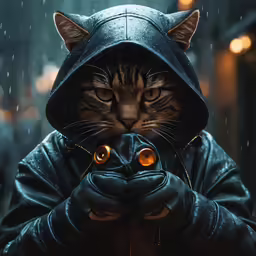 cat wearing a hooded suit with yellow eyes holding a gold glove