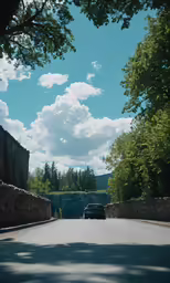 a car sitting on the side of a road near some trees