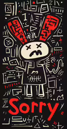 a red and black drawing with the word sorry