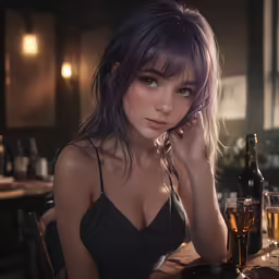 a woman in black dress next to some wine and glasses