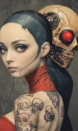 the girl with two heads and tattoos is looking at a robot