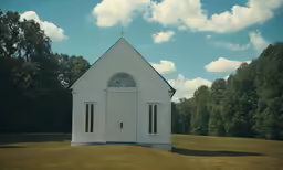 a white church building on green grass with trees in the background