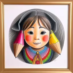 a drawing of a young girl with two colored pencils in her hair,an illustration of a girl with three pencils