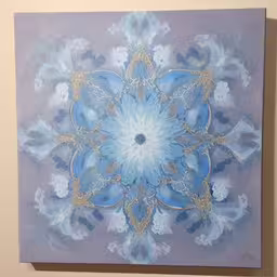 a painting of a blue and gold flower on a purple wall,a painting on a wall has blue flowers painted