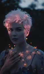 a woman with pink hair and a string of fairy lights