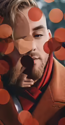 a man that is wearing a red scarf