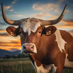 a cow with horns standing in the grass at dusk