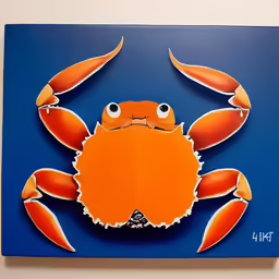 the painting is colorful with a crab and large eyes