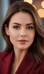 a beautiful woman in a red suit posing for the camera