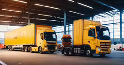 there is a large yellow semi truck parked in a garage,two large trucks parked in an indoor parking lot