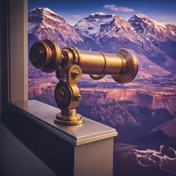 an old binoculars looking through the window into a mountain range