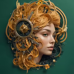a portrait of a woman with a unique head piece
