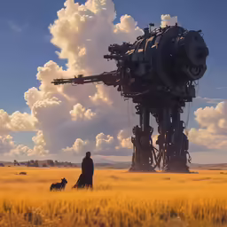 a man walking a dog in a field near a large robot
