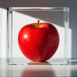 an apple sitting inside of a square acrylic box