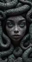 an intricate art work featuring a woman and many snakes
