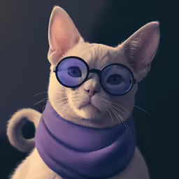 a cat with glasses and a scarf around its neck