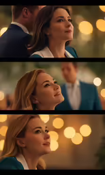 a couple looking up at something with blurry light balls on the background