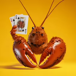 a small crab is holding two cards while standing up