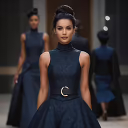 model with dark makeup and gold belt walking down runway