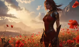 a woman is standing in a field with a large flower