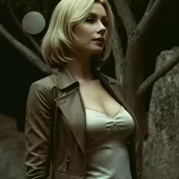 the young woman has blonde hair and is dressed in a beige outfit