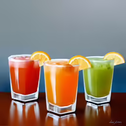 three glasses filled with different types of beverages