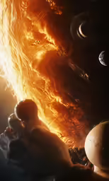 a group of planets, some of them burning and some of them being in orbit