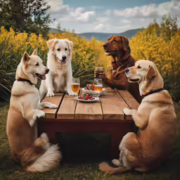 four dogs sit at a wooden table with food and drinks in front of them