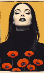 a woman with long black hair and orange flowers