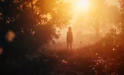 person standing on hill near tree at sunset
