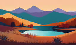 an image of an animated scenery scene,this is an image of a painting of a mountain lake