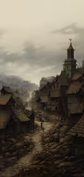 a dark medieval village is in the background of a field,an old village is surrounded by a lot of grass and houses