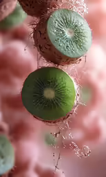 two pieces of fruit with small leaves on the surface