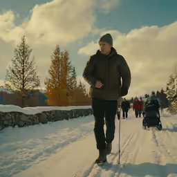 a man walking in the snow wearing a pair of skis