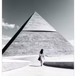 a woman standing outside of a very tall building