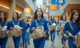 a group of girls are walking down the street with bags