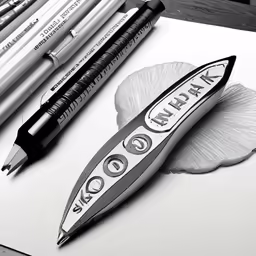 the pen is next to a pencil, two markers and three crayons