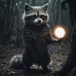 a raccoon standing next to a tree with his arm in the air