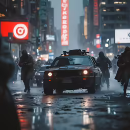 a group of people standing around cars in the rain
