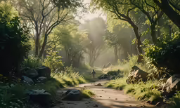 a forest area with stones and trees