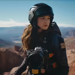 a woman standing in the mountains with her camera and helmet