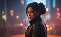 the woman is looking at the camera while standing in a dark city