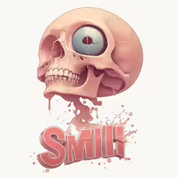 the skull with eyes is shown in the center and the words smile are drawn out