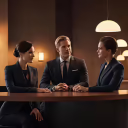 a trio of men sitting around a wooden table