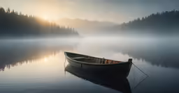 a canoe sits in the middle of a lake as the sun sets