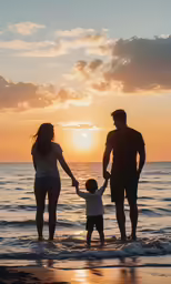 a family standing in the ocean holding hands